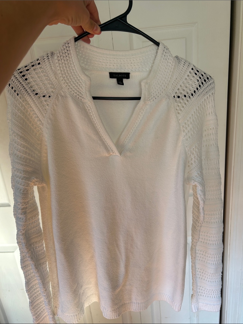 Talbots Cream Knit V-Neck Pullover with Openwork Sleeves